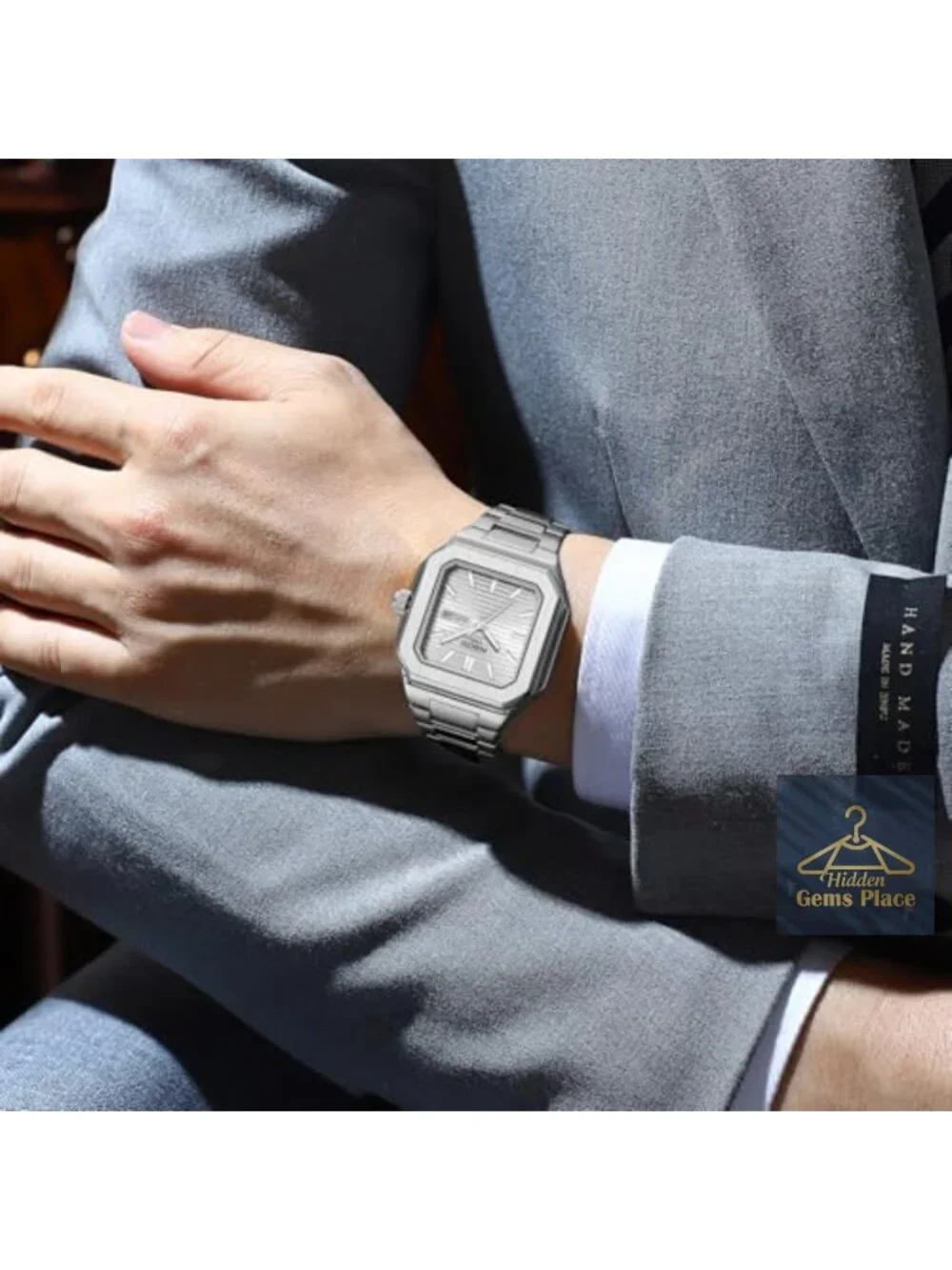 Men's Square Analog Quartz Watch Stainless Steel Day Date Classic Dress Wrist